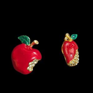 Vintage Apple-Themed Rhinestone Brooch Set With Red Enamel & Gold Tone Bite Deta